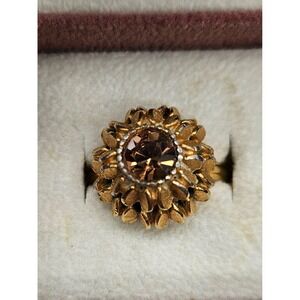 Avon Gold Tone SUN Flower Ring Amber Brown Faceted‎ Stone Vintage Ring
